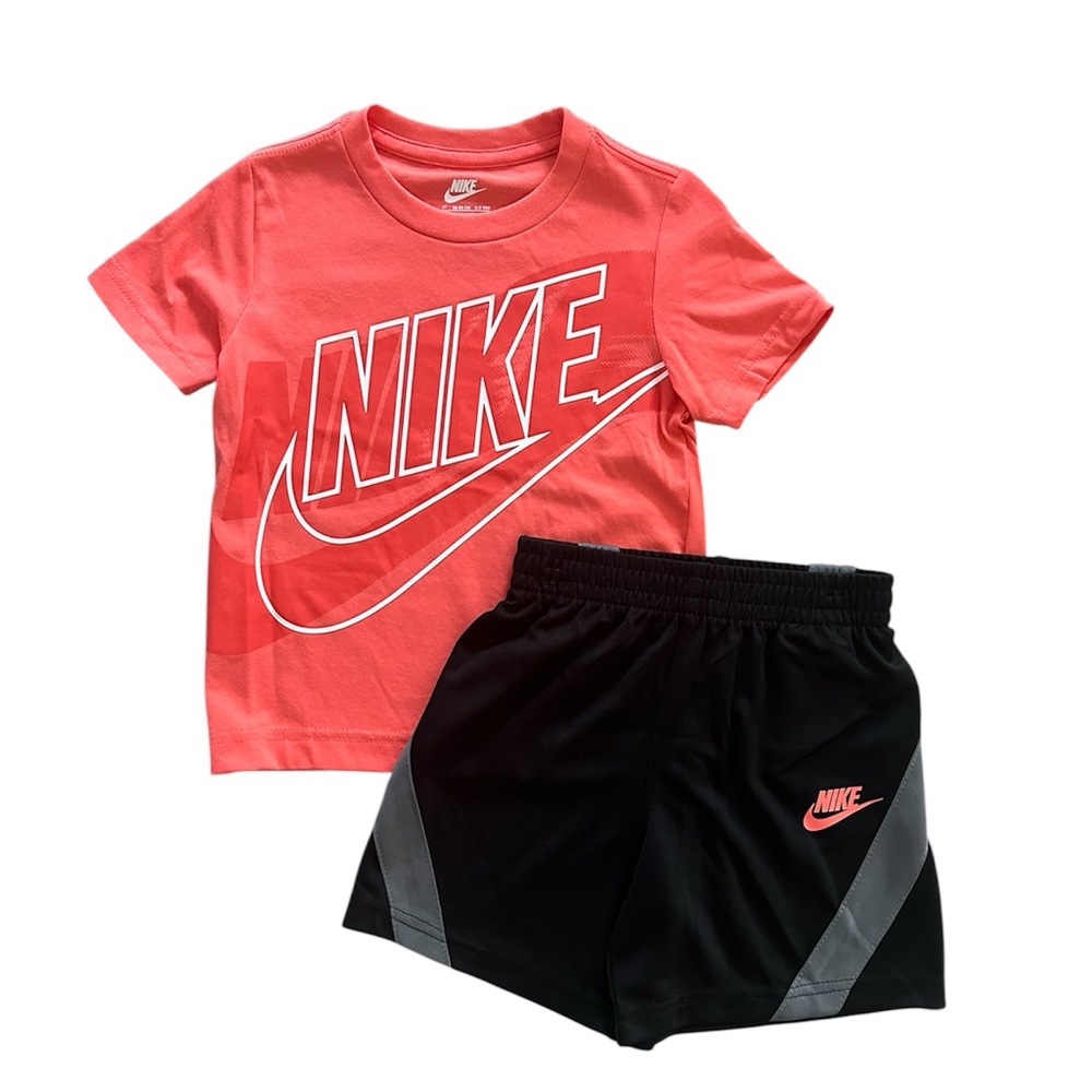 Nike Boys 2PC Outfit Set Size 3T Coral Logo T-shirt & Black Athletic Shorts